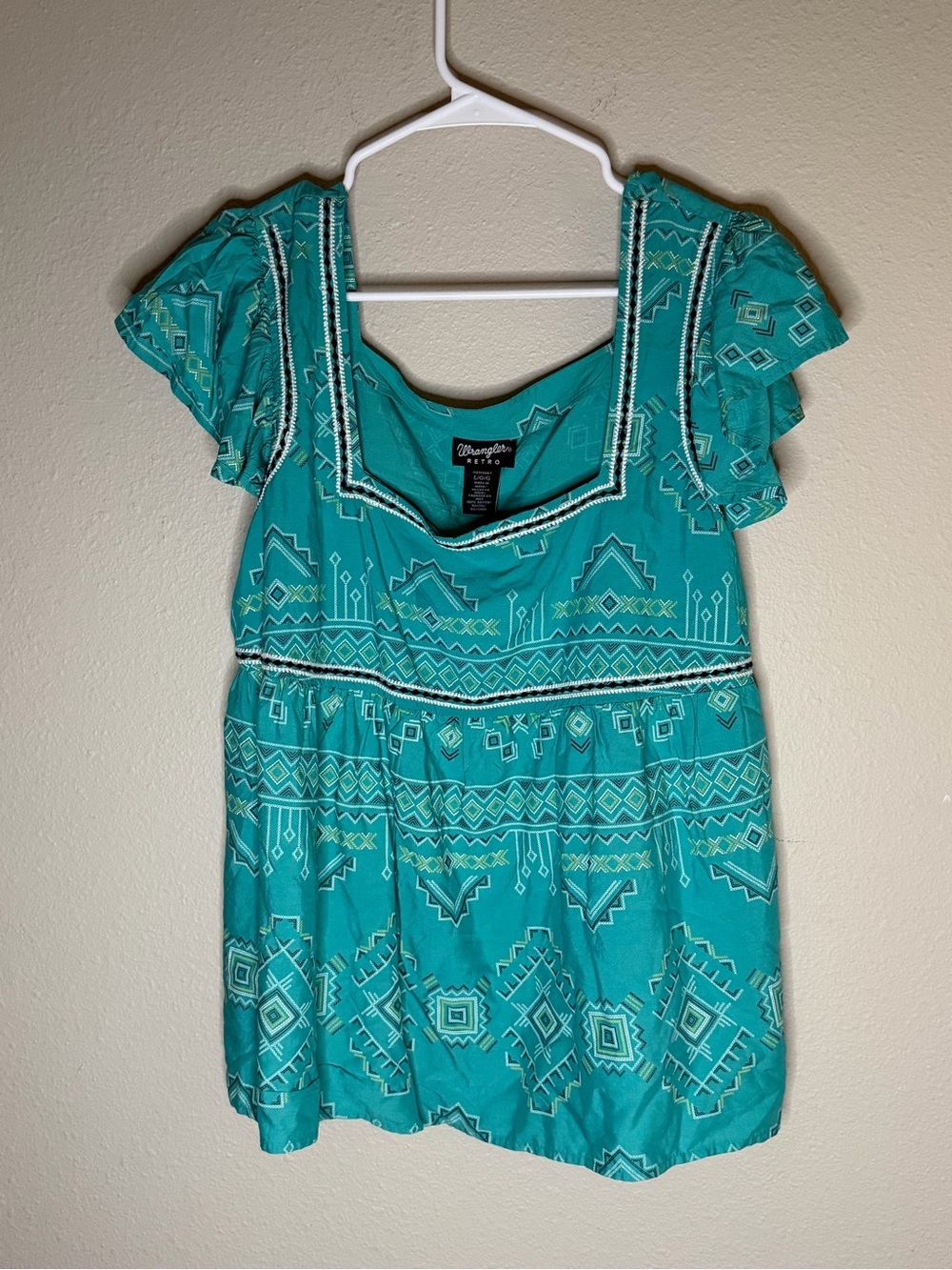 Wrangler Retro Women’s Turquoise Square Neck Flutter Sleeve  Size Large